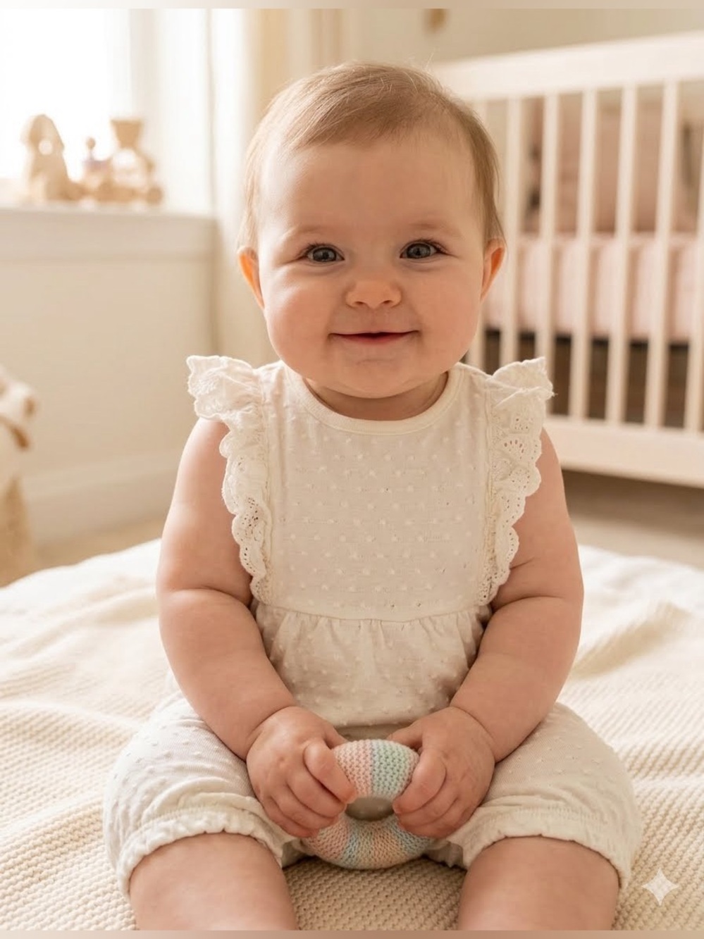 White Baby Romper with Eyelet Ruffle Shoulders 6-9 months
